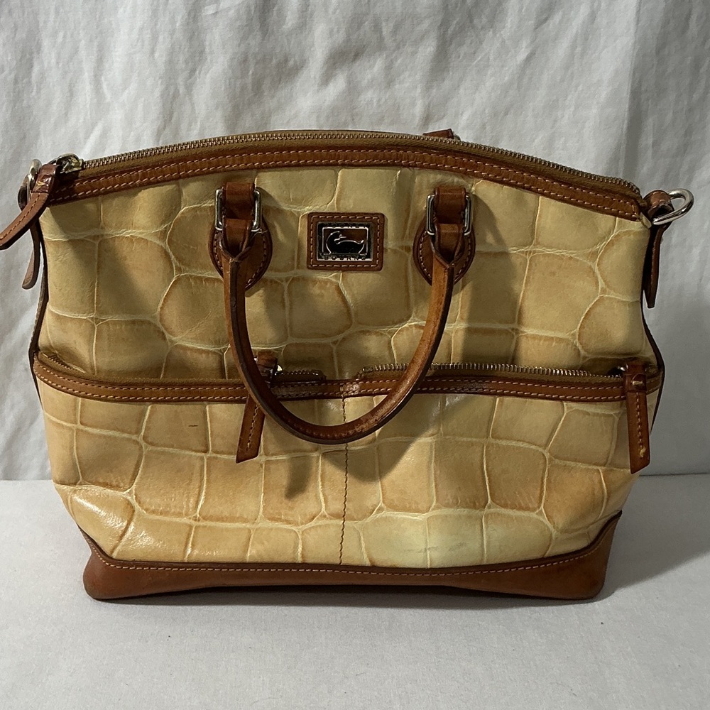 Dooney & Bourke Cream Croc-Embossed Satchel with Tan Trim
